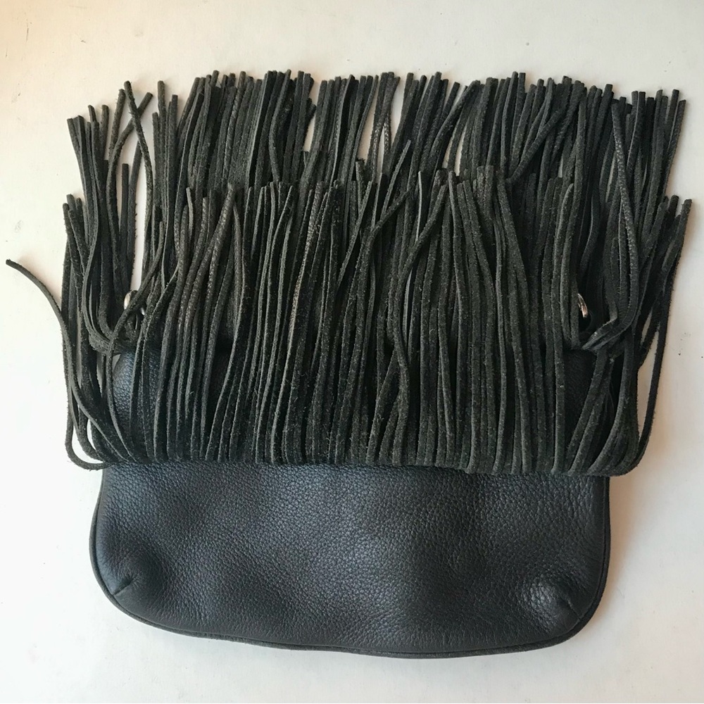 Rebecca Minkoff Purse Finn Black Leather Suede Fringe Clutch Crossbody Bag - Picture 7 of 10